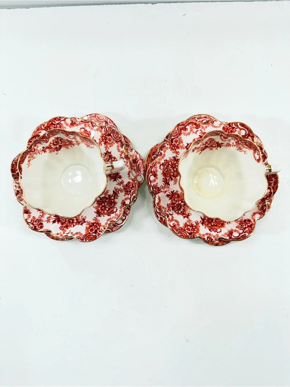 2x Rare Paragon China Trios Antique 1920s Iron Red Gold Floral Tea Cup Sets 689